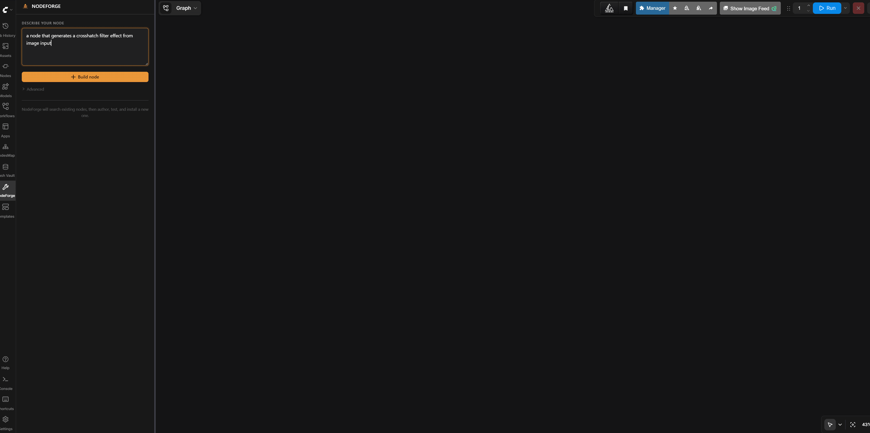 NodeForge authoring a crosshatch filter node end to end: from a plain-language description, through the confirm and approval steps, to a verified node installed and running on a real image