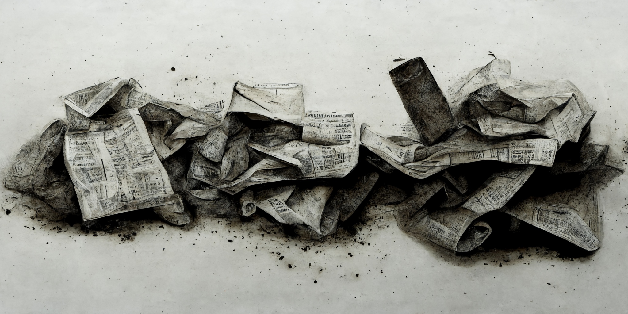 a drawing showing papers littered on the ground, dirty and crumpled, with indistinct writing