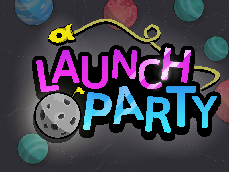 Launch Party logo, featuring a little rocket ship and a moon with a flag