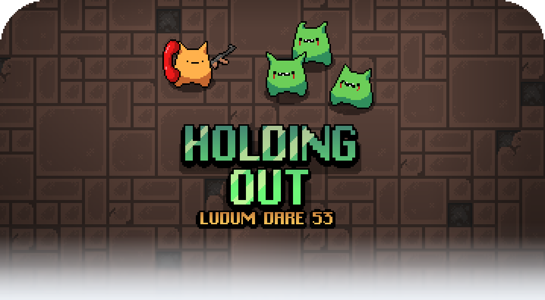 A cat is holding a phone to its ear, holding an AK-47, and staring at three approaching zombified cats. Below is the title of the game "Holding Out".