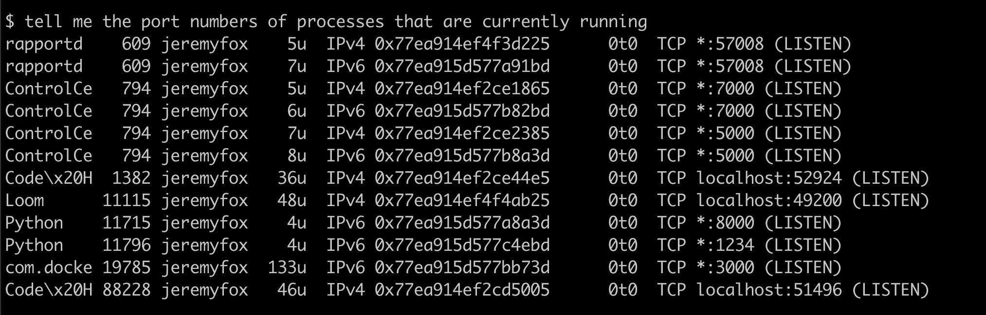 Port numbers of processes