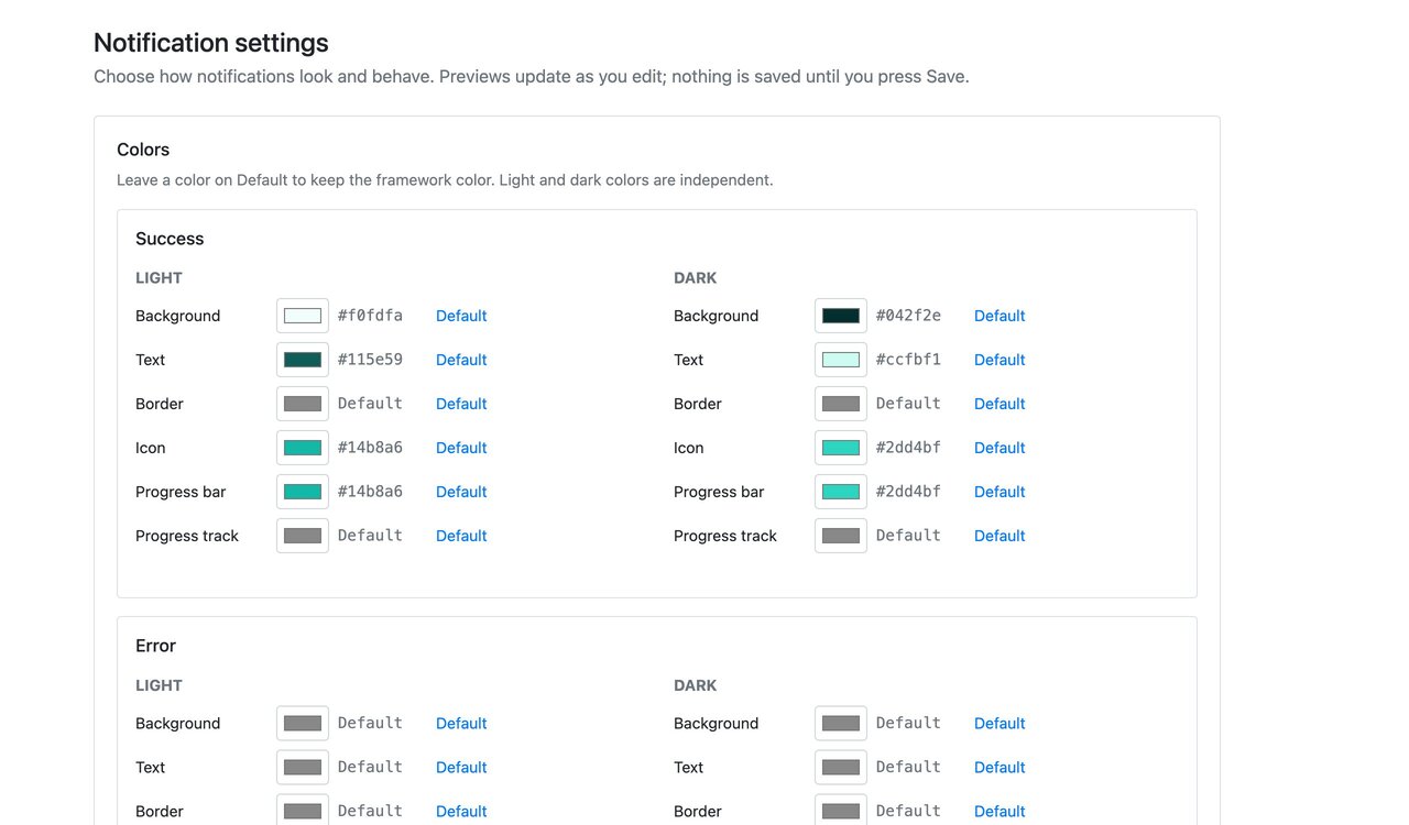 Settings page with Bootstrap 4: color pickers Settings page with Bootstrap 4: color pickers for the success type in light and dark mode