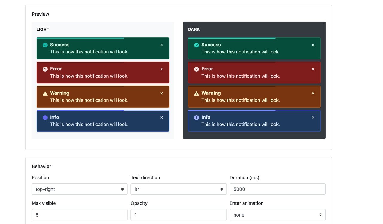 Settings page with Bootstrap 4: live preview Settings page with Bootstrap 4: live preview of the four toast types in light and dark mode