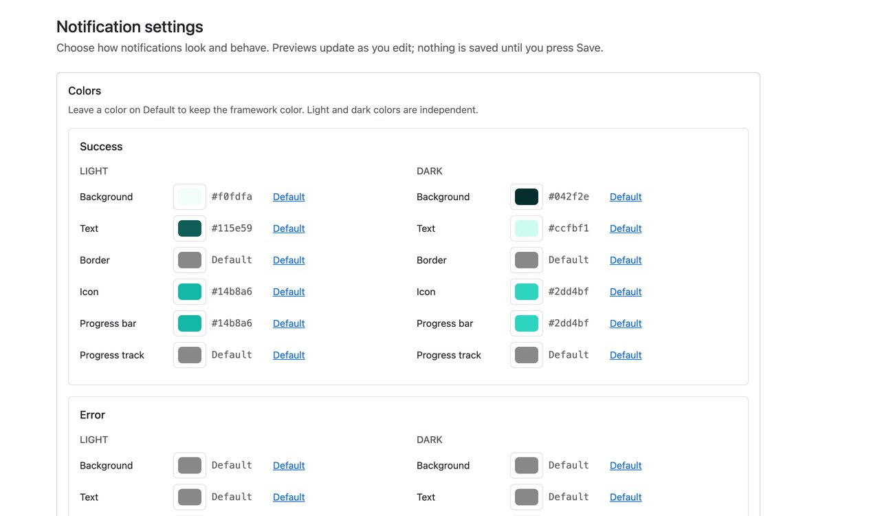 Settings page with Bootstrap 5: color pickers Settings page with Bootstrap 5: color pickers for the success type in light and dark mode