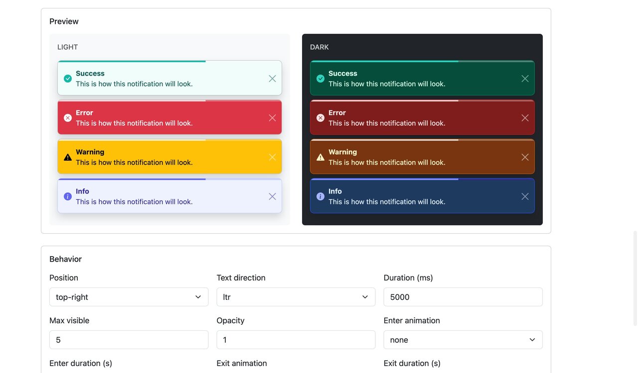 Settings page with Bootstrap 5: live preview Settings page with Bootstrap 5: live preview of the four toast types in light and dark mode