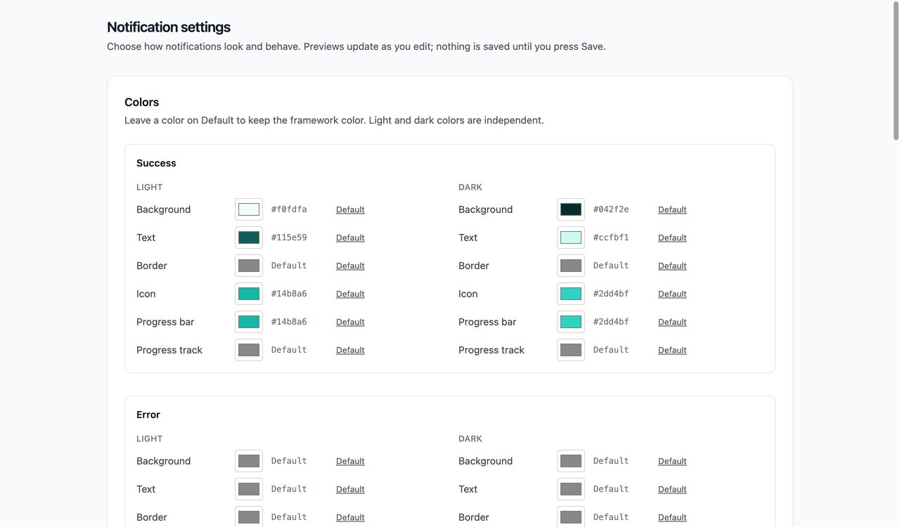 Settings page with Tailwind: color pickers Settings page with Tailwind: color pickers for the success type in light and dark mode