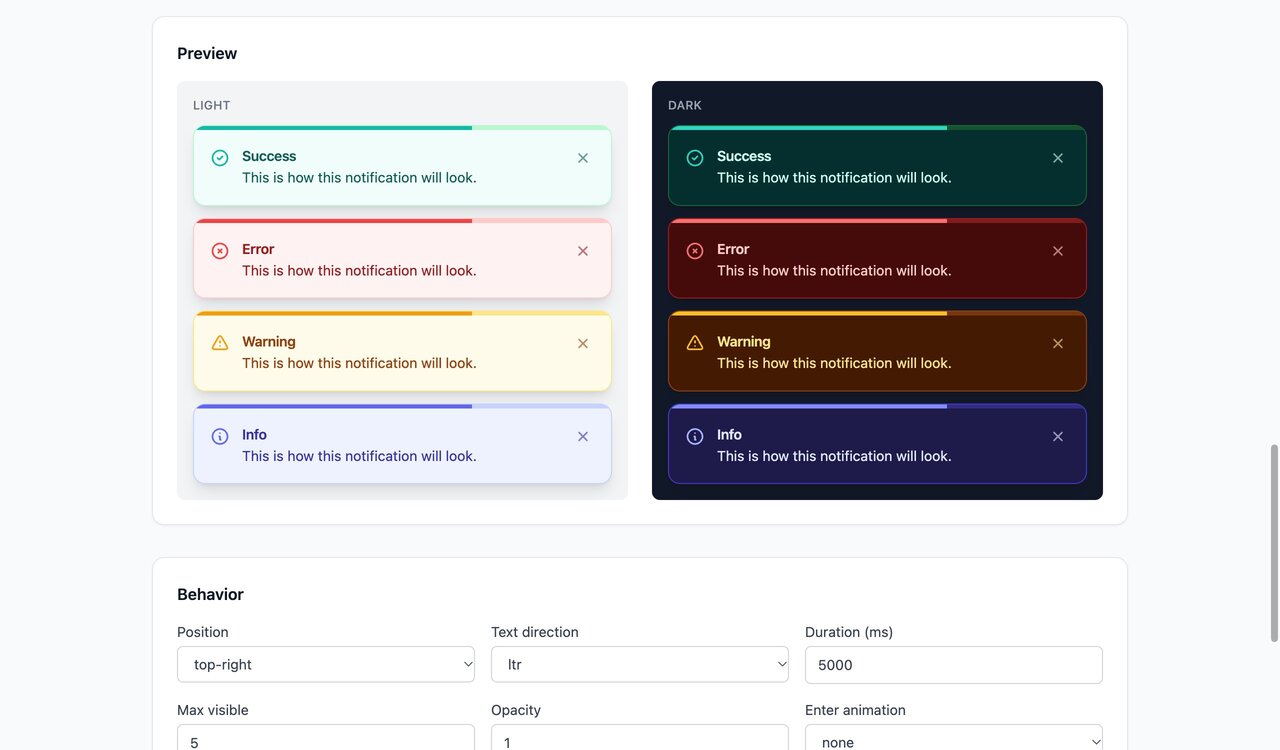 Settings page with Tailwind: live preview Settings page with Tailwind: live preview of the four toast types in light and dark mode