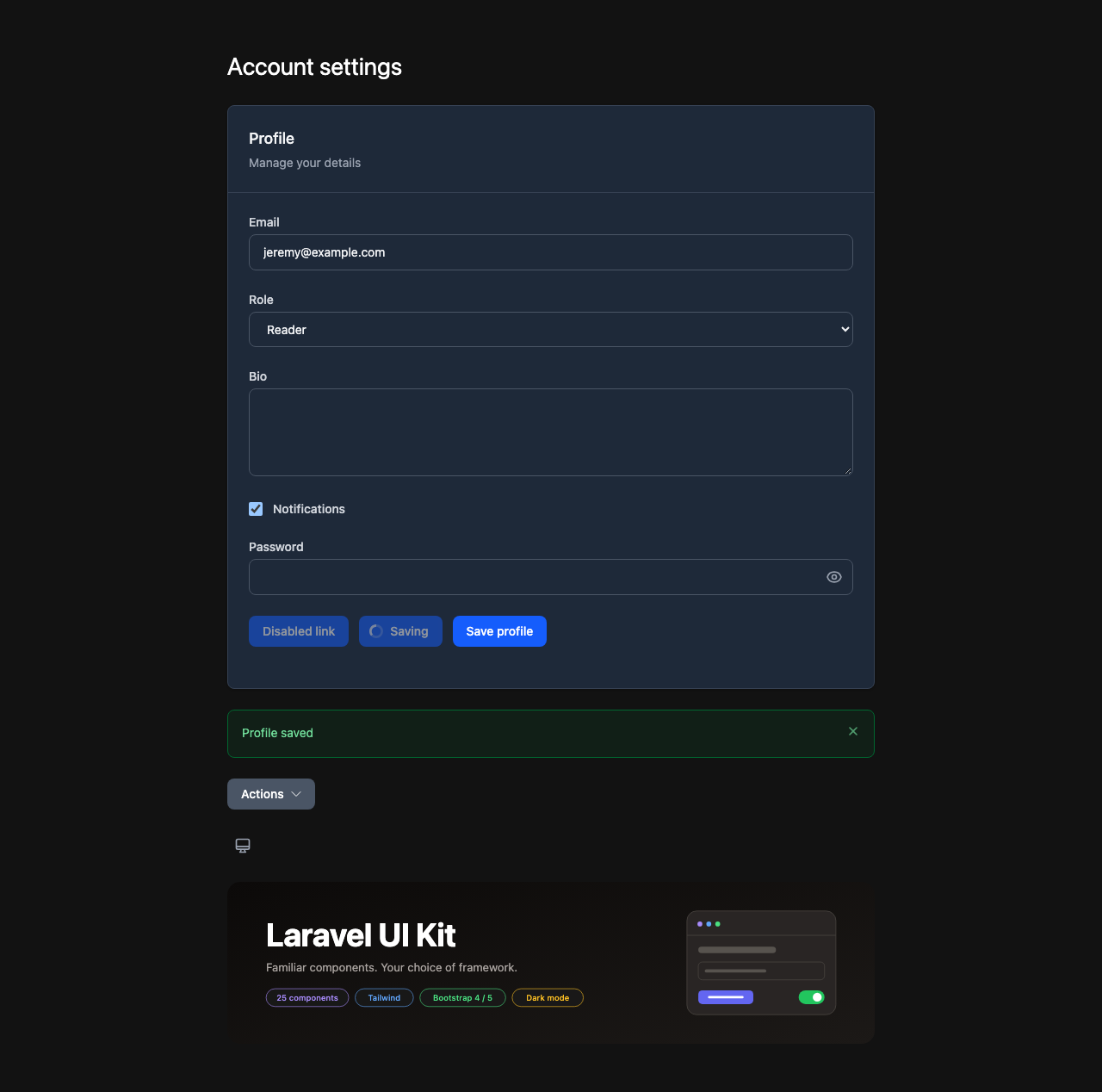Account settings in dark mode
