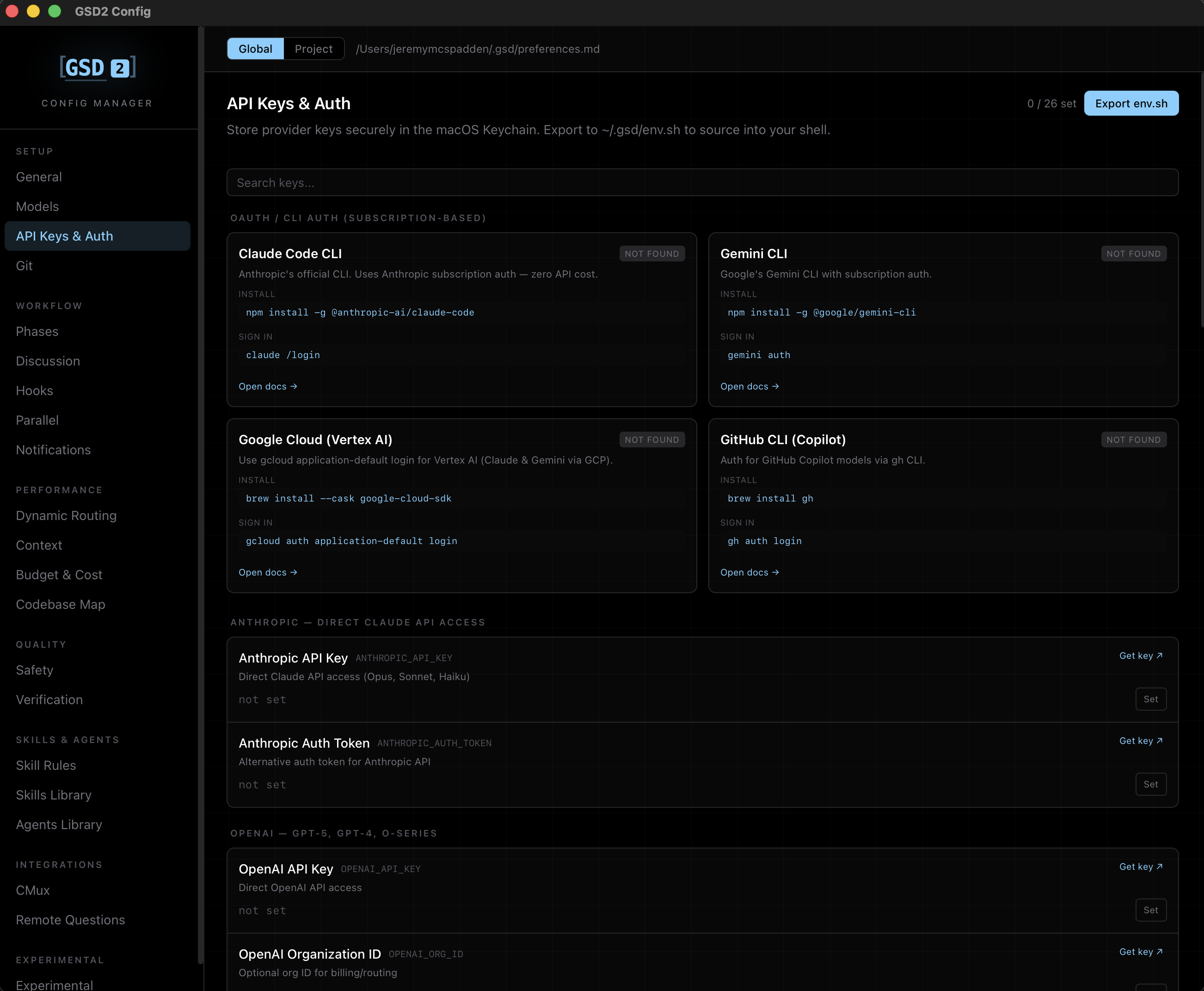 Keychain-backed API keys and CLI auth
