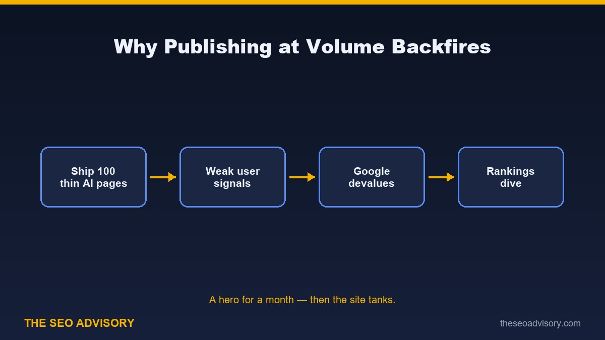 The volume trap: thin pages weaken signals until rankings dive.
