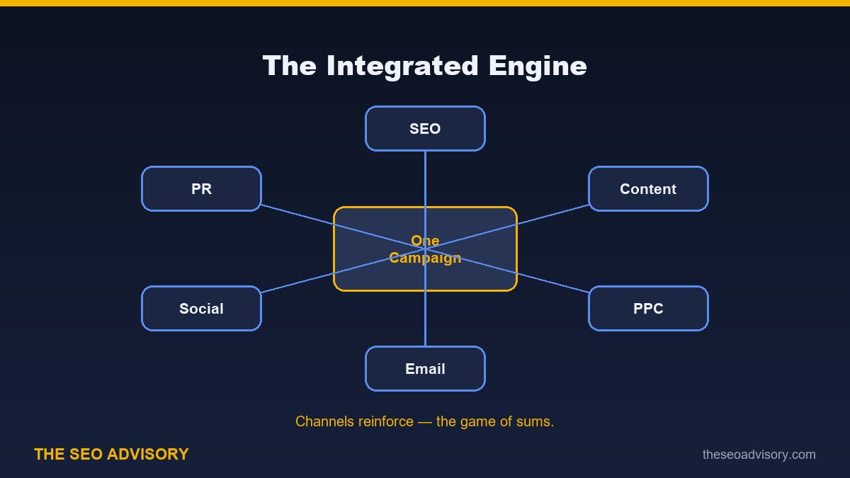 The integrated engine: channels reinforce one campaign.