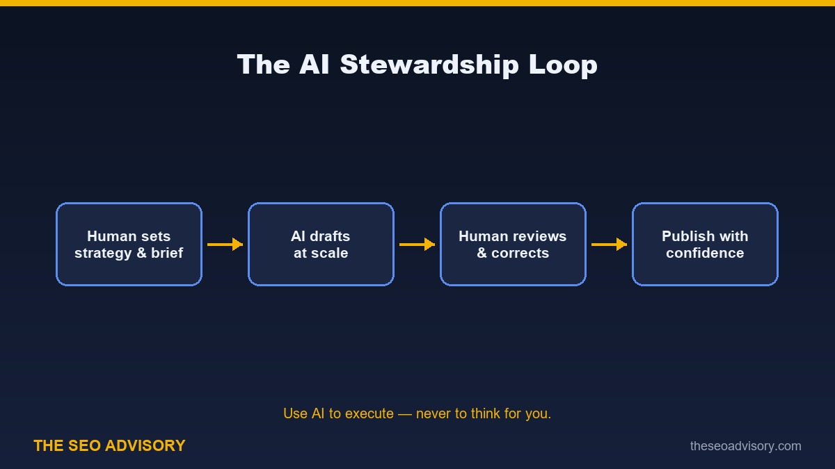 The AI stewardship loop: humans set strategy, AI executes, humans review.