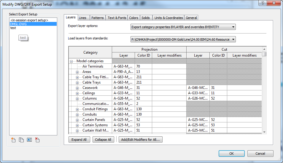 DWG export setup