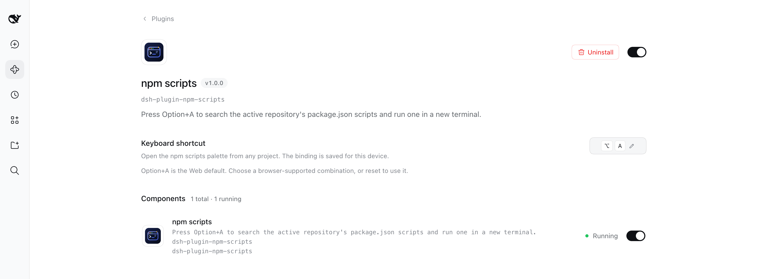 The npm scripts plugin page in DeepSeek Harness with a Keyboard shortcut section and an editable Option+A binding