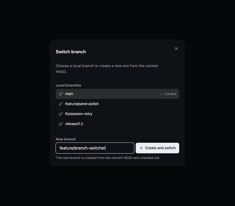 Branch dialog listing local branches with a new branch field