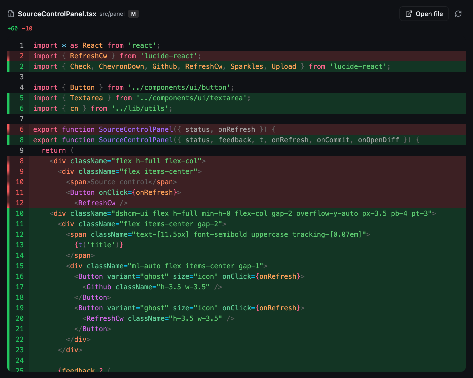 Syntax-highlighted per-file diff in the right sidebar