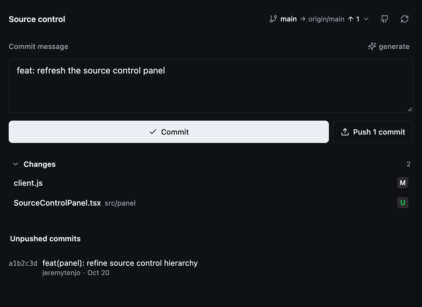 Source Control panel showing branch and upstream state, a commit message, changes, and unpushed commits