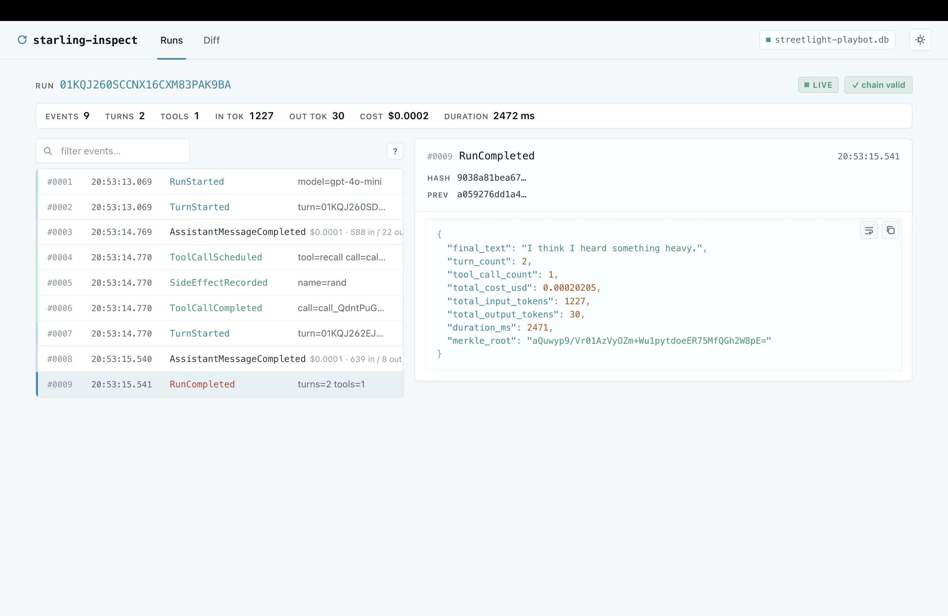Inspector run detail with timeline and JSON pane