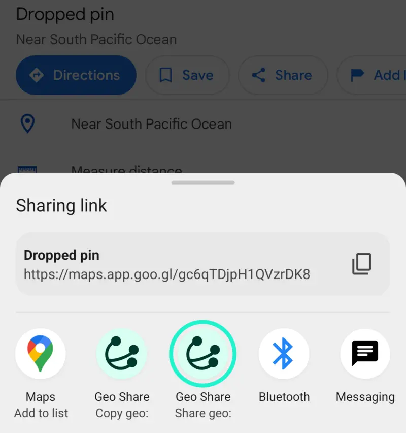 Screenshot of Google Maps' share screen