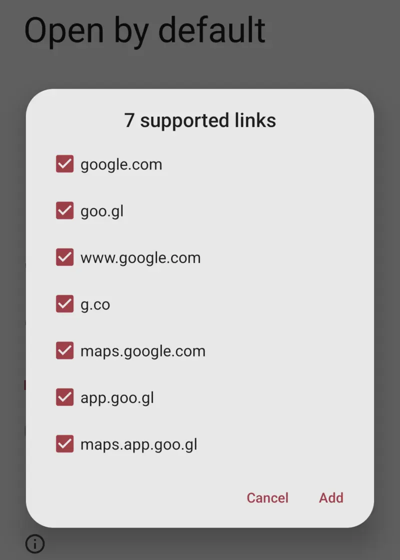 Screenshot of Geo Share's Open by default settings