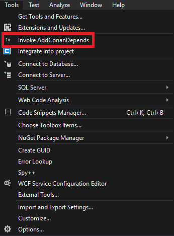 "Invoke AddConanDepends" menu item screenshot