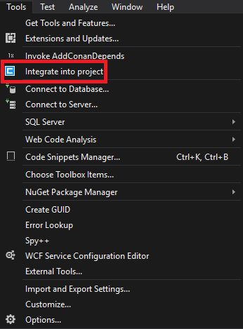 "Integrate into project" menu item screenshot