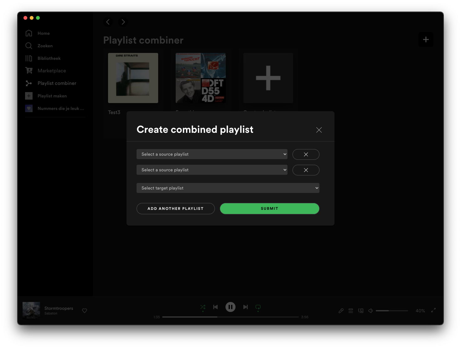 combined playlists create page