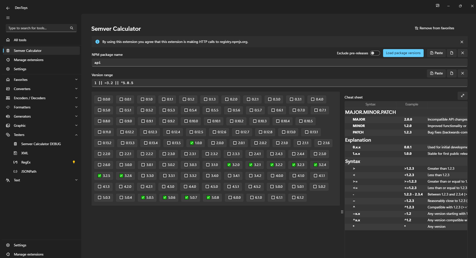 Screenshot of Jvw.DevToys.SemverCalculator