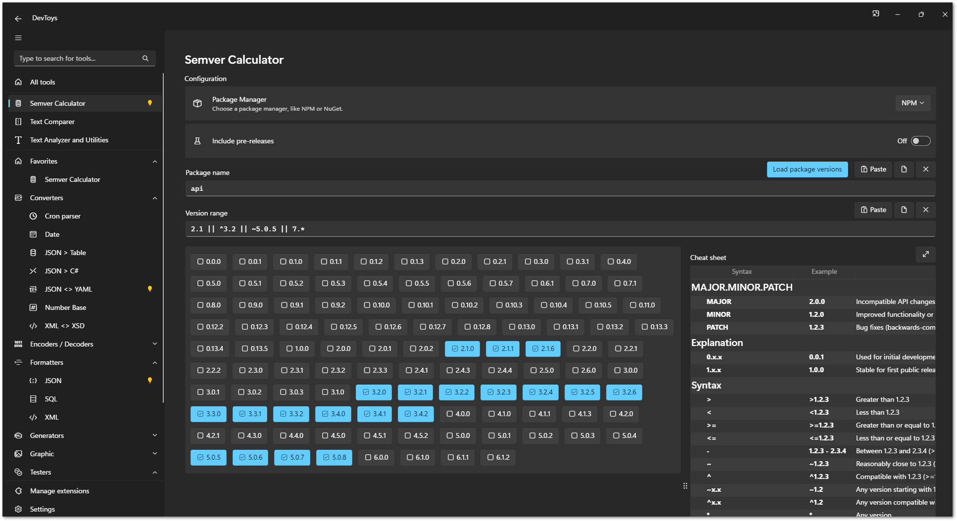 Screenshot of Jvw.DevToys.SemverCalculator