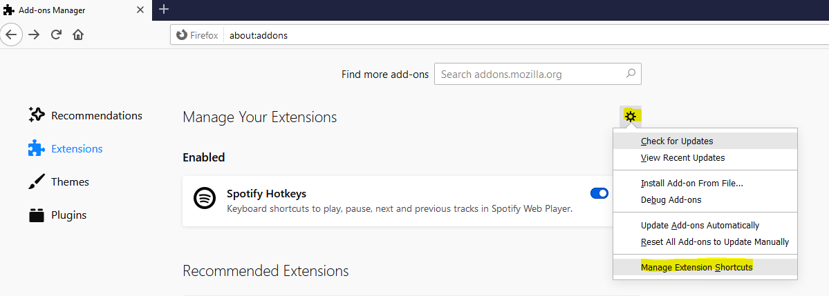 (Screenshot of managing extension shortcuts 1)