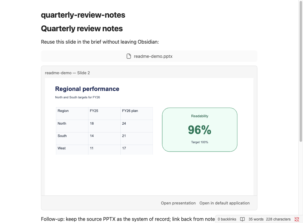 Single-slide embed in Markdown Reading View