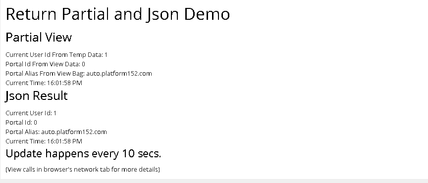 PartialView Result and JsonResult Demos