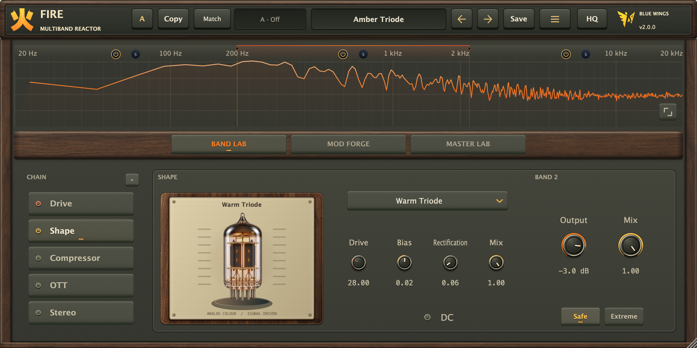Fire 2.0 Vintage skin with a sound-reactive Warm Triode tube and three-band processing