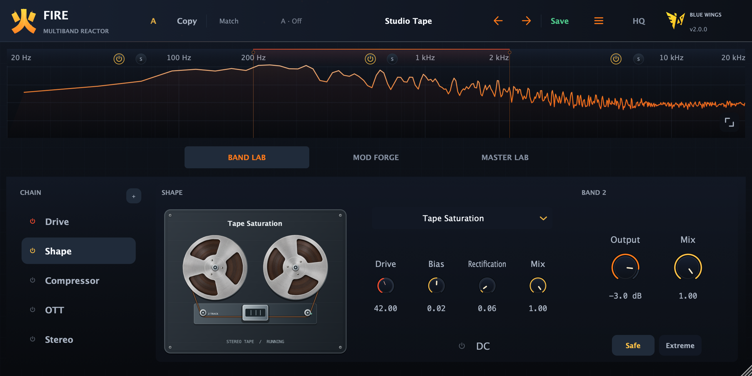 Fire 2.0 Modern skin with Tape Saturation, reel-to-reel hardware and three-band processing