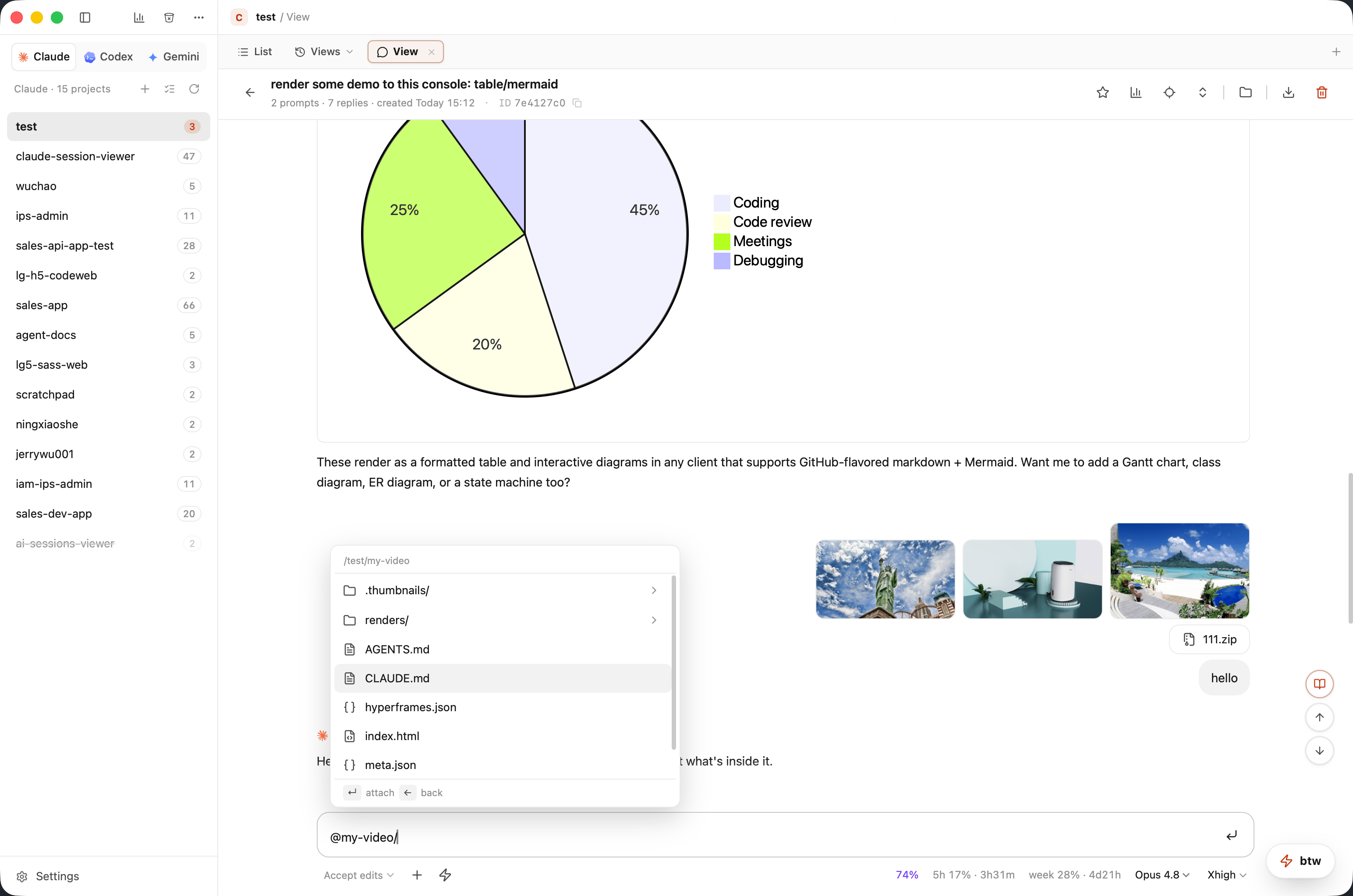 In-app chat — Mermaid, tables, file mentions and image attachments