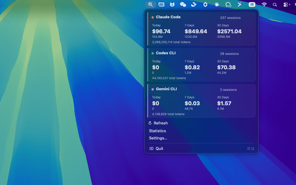 Menu bar stats — per-agent cost and token overview