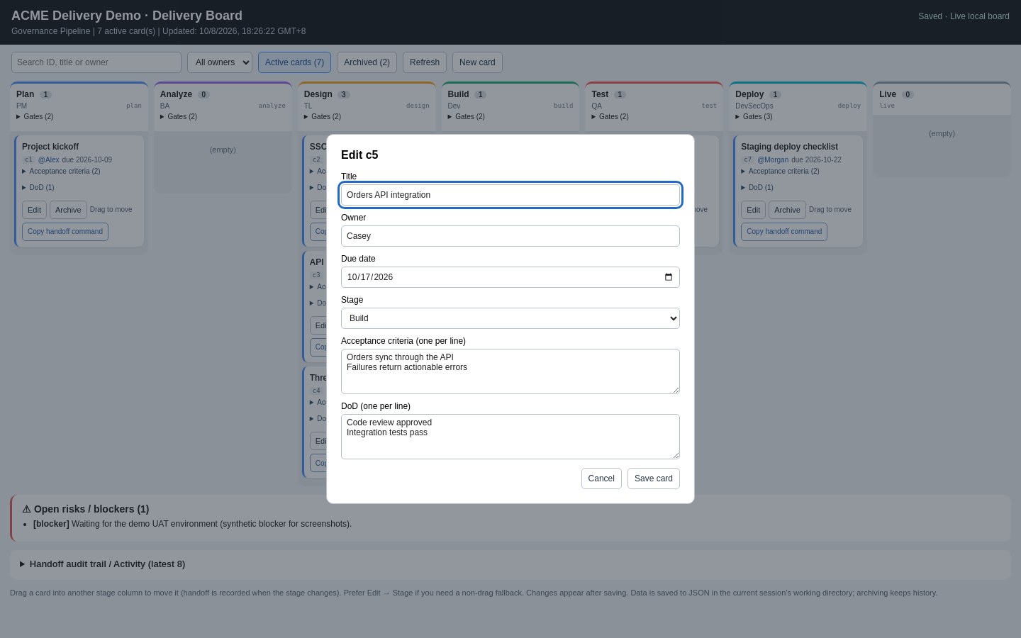 Card editor showing title, owner, due date, stage, acceptance criteria and Definition of Done