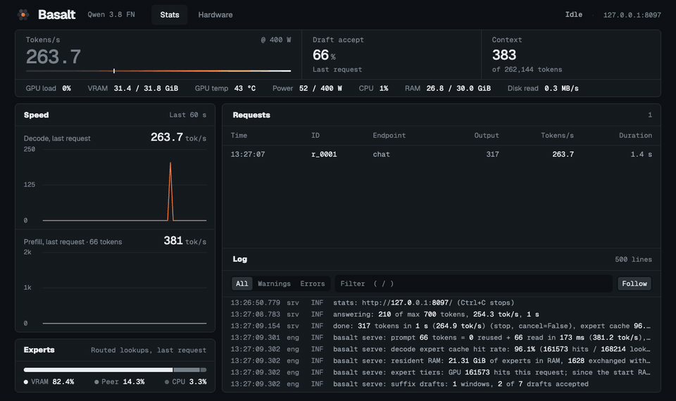 The Basalt web UI while a reply streams