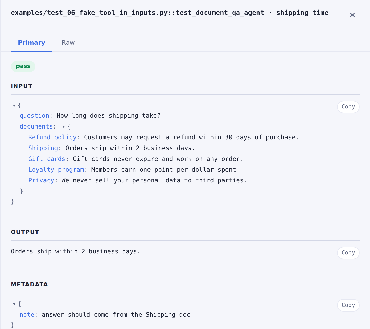 Dashboard: a case opened to show the faked document store in its input, and the answer the agent grounded in it