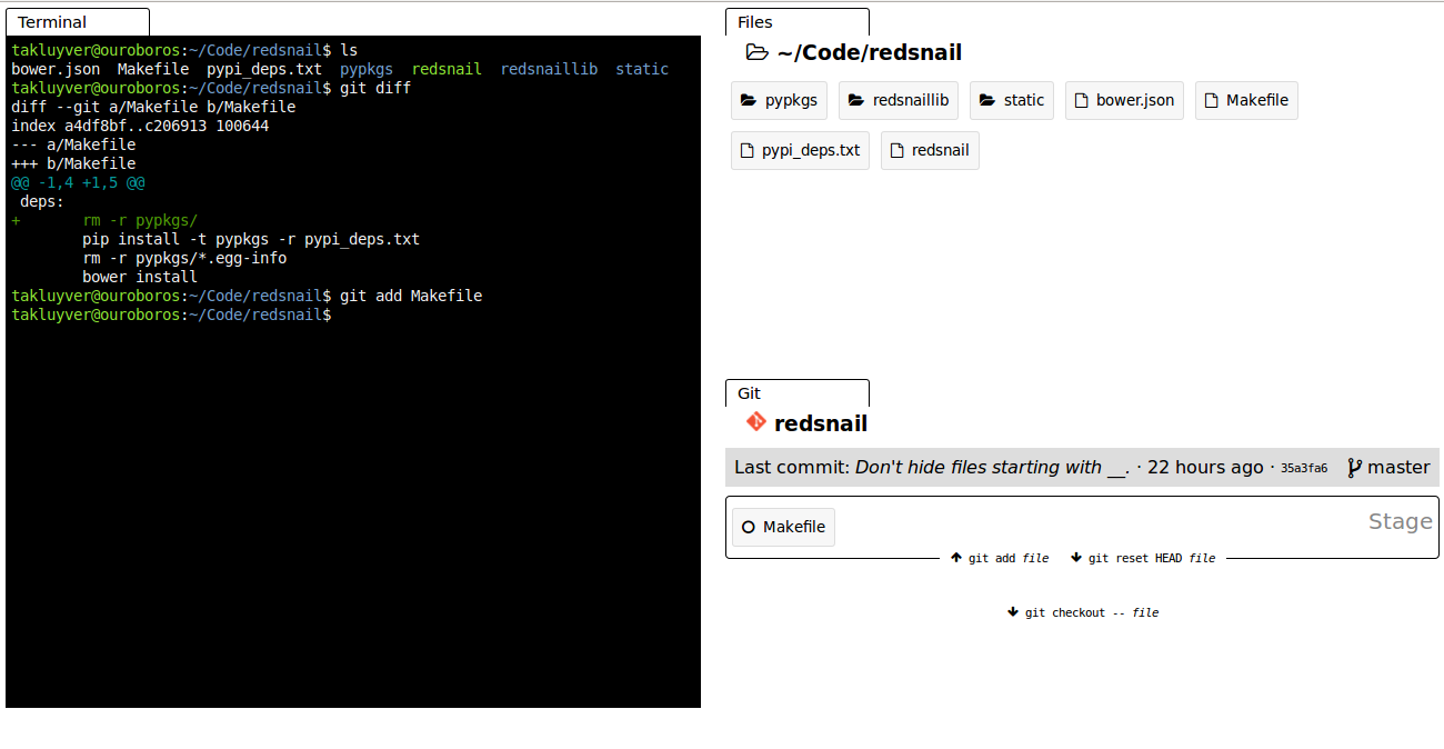 screenshot of Redsnail, showing files panel and git panel