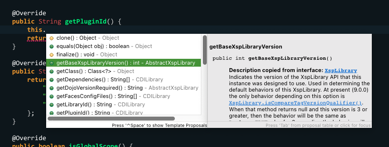 Screenshot showing inline Javadoc for the XspLibrary class