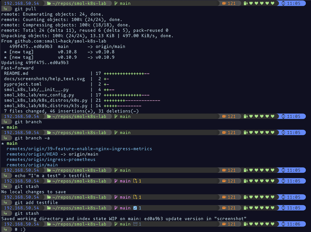 Screenshot of onboardme powerline when in a git initialized directory. Shows powerline prompt segment changing colors and symbols depending on if there are files modified, commited, or out of sync with origin.