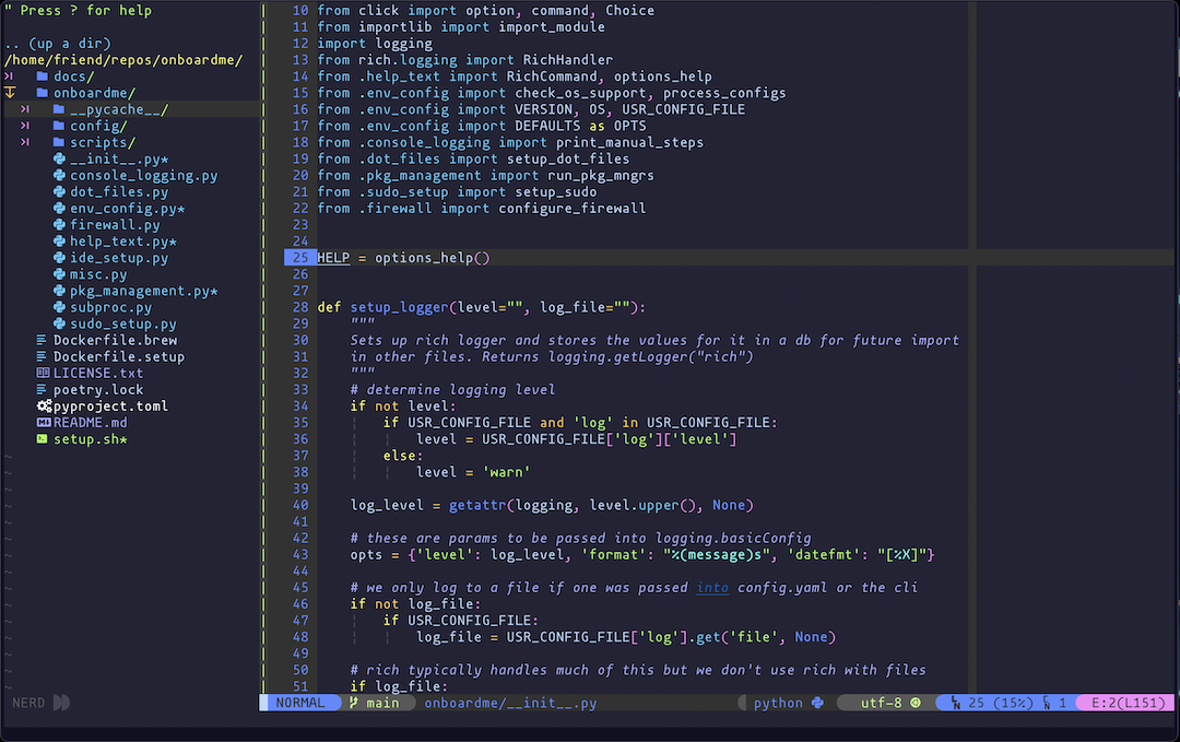 screenshot of vim open with the nerdtree plugin that shows a file tree on the left handside. Also displays syntaxhighlighting and useful bottom status bar