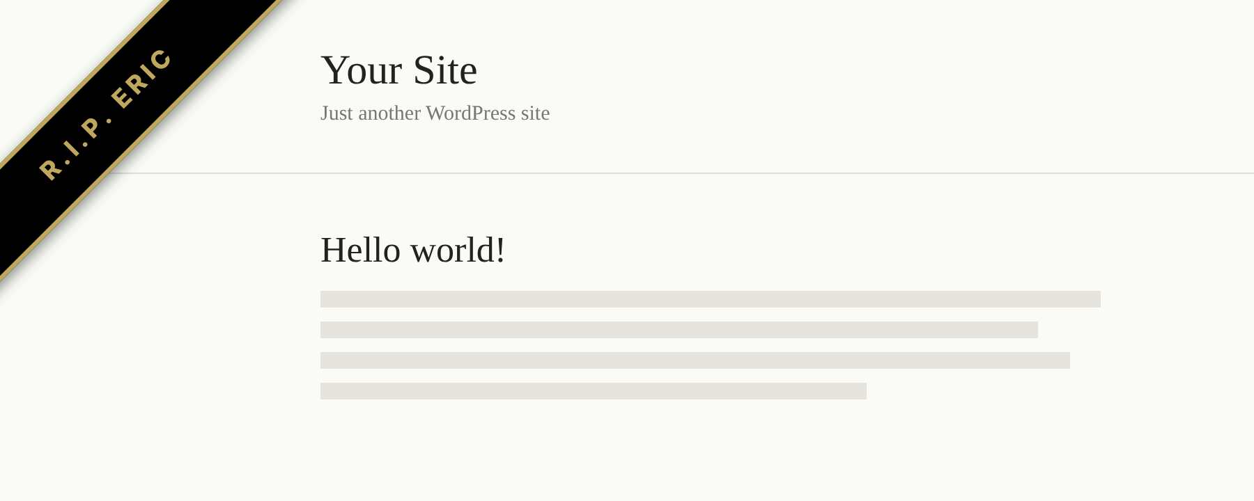 The R.I.P. Eric ribbon in the top-left corner of a WordPress site