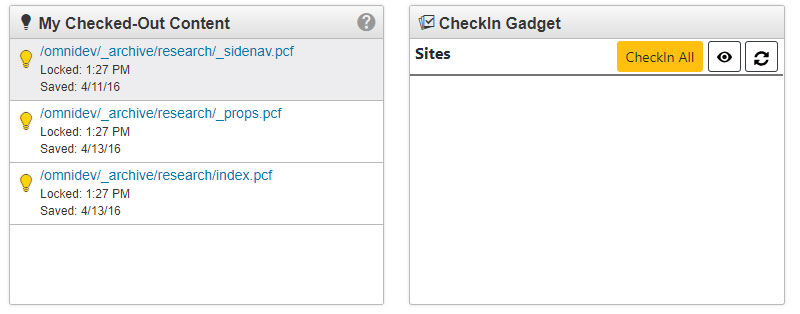 demo of the My Checked-Out Content gadget and the CheckIn Gadget