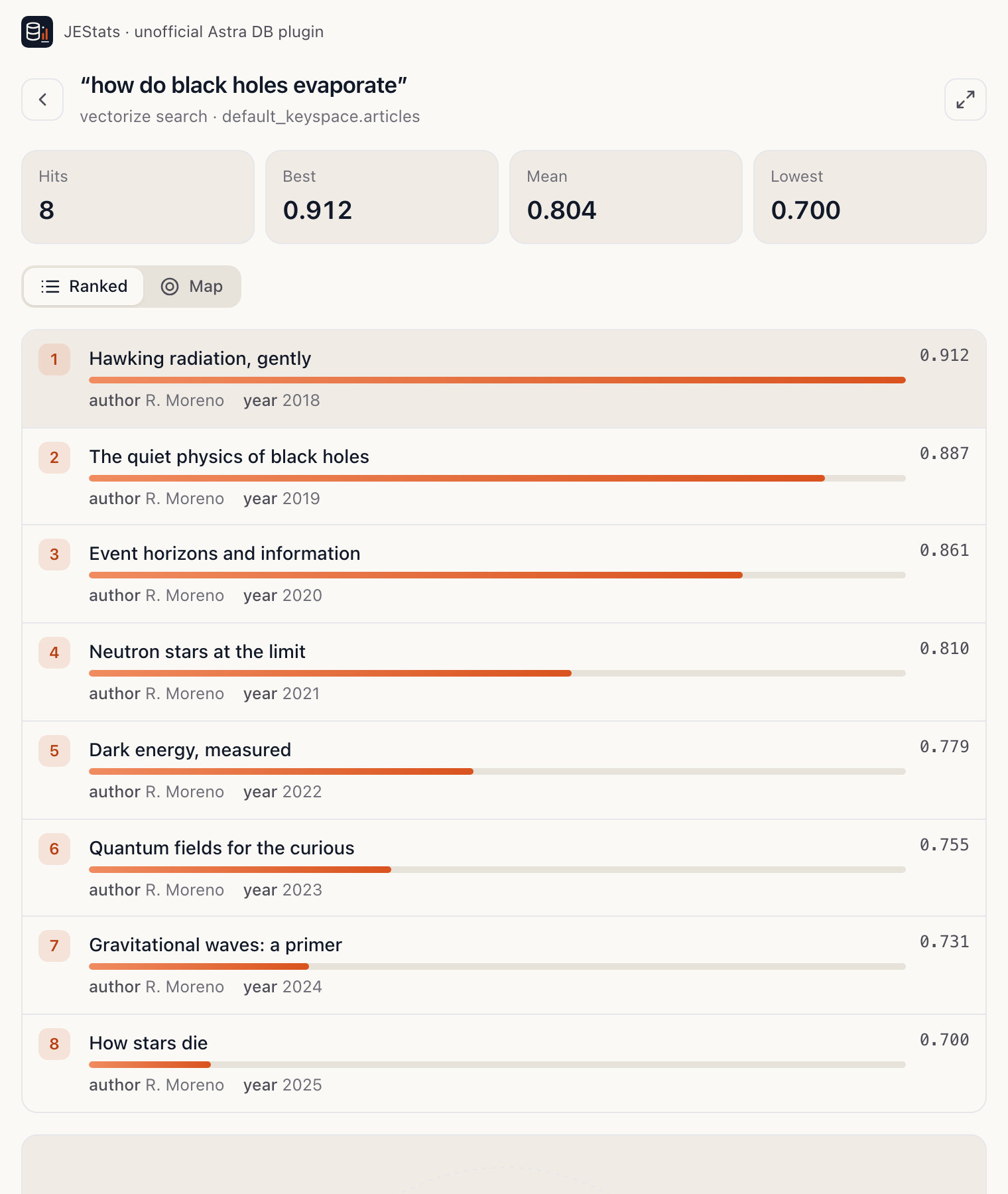 Vector search results: ranked hits with similarity bars and score statistics