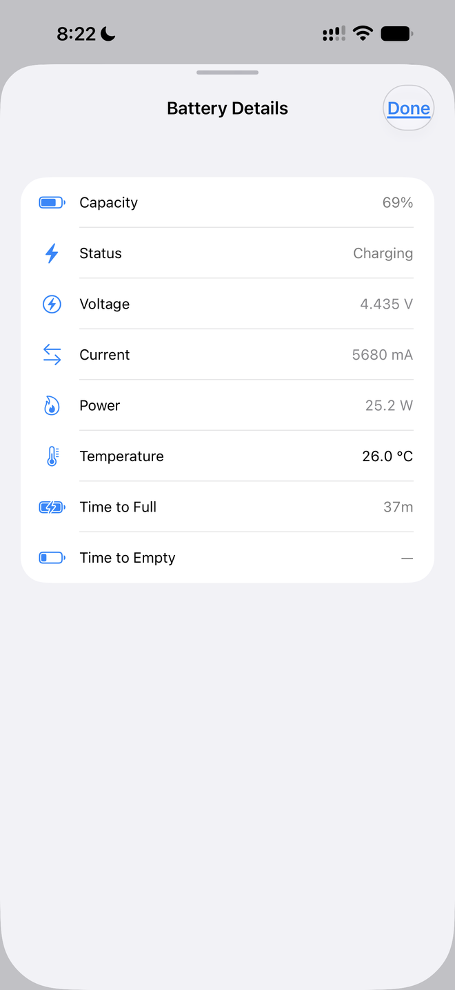 Battery details: capacity, charging status, voltage, current, power, temperature, time to full
