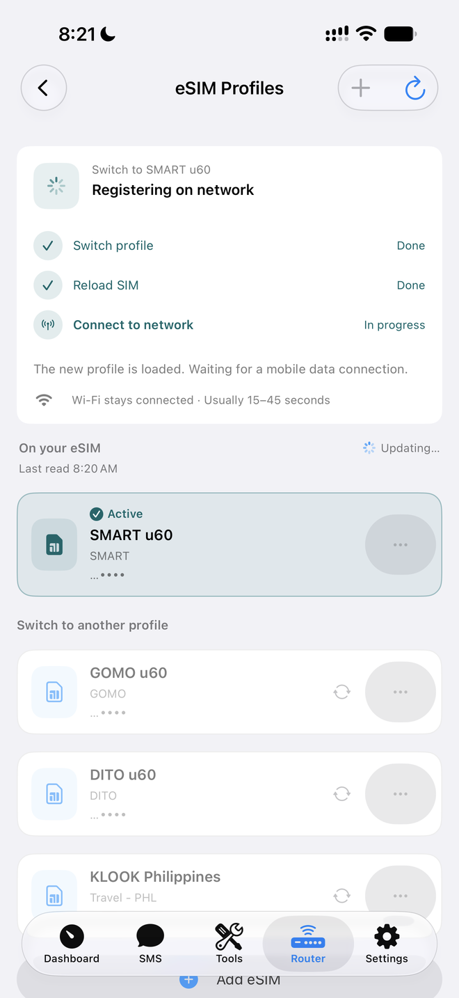 Profile switch in progress: switch profile and reload SIM done, connecting to network