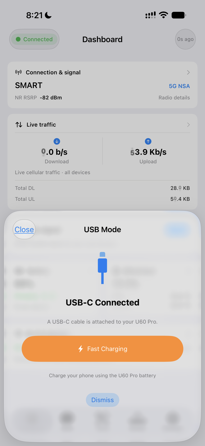 USB Mode sheet showing USB-C connected with a Fast Charging button