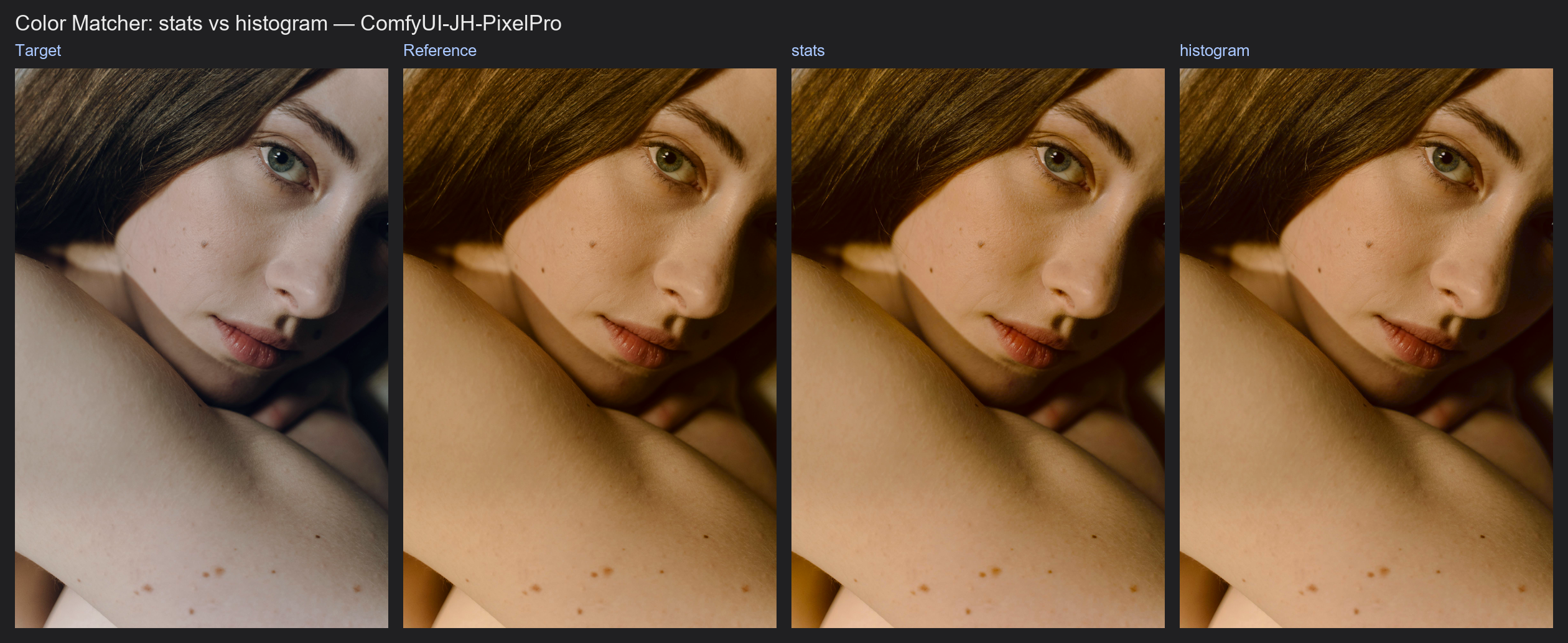 Result: Color Matcher stats vs histogram example workflow